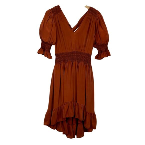LOVE SAM Blixen Smocked Dress  Sz S 100% Silk Cognac Brown Ruffles Boho Cowgirl - Picture 2 of 14
